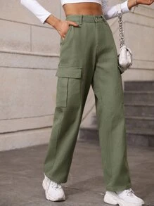 Flap Pocket Side Knot Front Cargo Jeans - Army Green - View 5