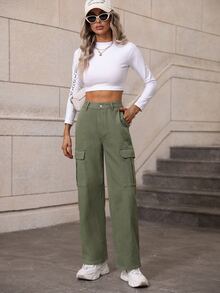 Flap Pocket Side Knot Front Cargo Jeans - Army Green - View 6