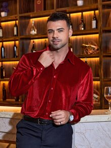 Manfinity Men Plus Button Front Velvet Shirt - Burgundy - View 4
