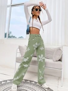 SHEIN EZwear Quần legging thẳng In hoa - Màu xanh chanh - Xem 3