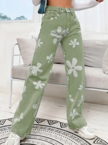 SHEIN EZwear Quần legging thẳng In hoa - Màu xanh chanh - Xem 4