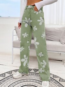 SHEIN EZwear Quần legging thẳng In hoa - Màu xanh chanh - Xem 5