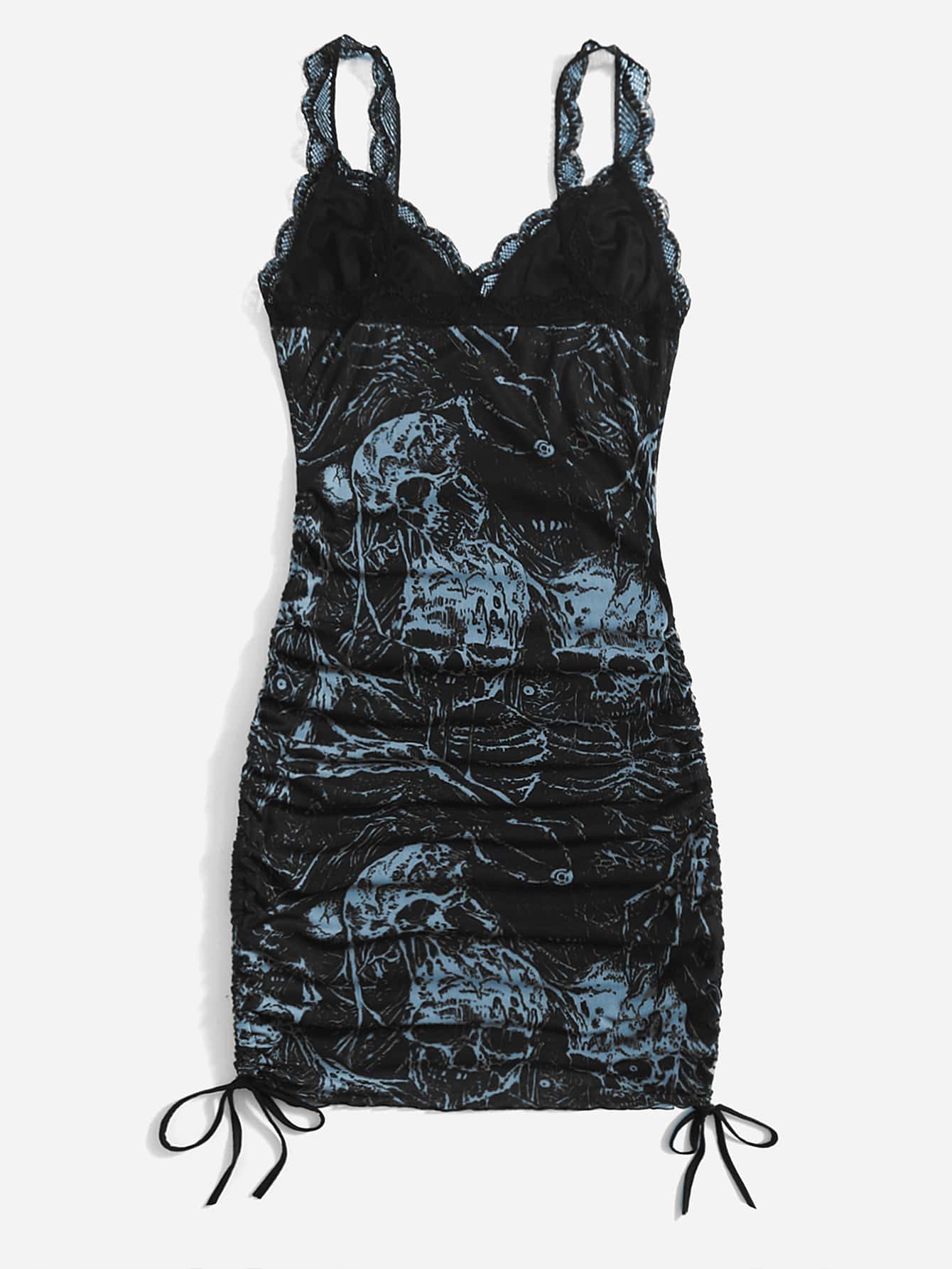 Our Skeleton Print Contrast Mesh Drawstring Ruched Dress is such a vibe - ROMWE Our Skeleton Print Contrast Mesh Drawstring Ruched Dress is such a vibe - ROMWE