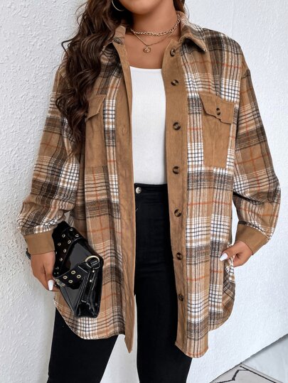 SHEIN Unity Plus Plaid Print Pocket Drop Shoulder Shirt