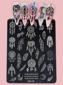 FULL BEAUTY 1 pieza Estampador de arte de uñas con diseño de esmalte de gel con patrón de plumas, para esmalte de uñas de secado lento, placas de estampación de uñas para salón de manicura - Plateado - Ver 1