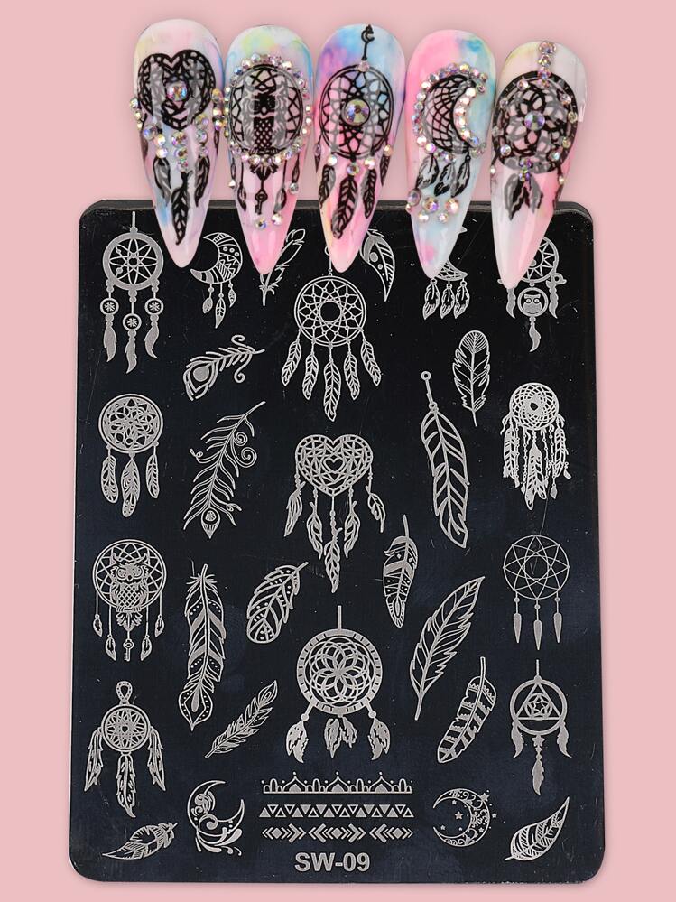 FULL BEAUTY 1pc Feather Pattern Gel Polish Design Nail Art Stamper For Slow Drying Nail Polish Nail Stamper Plates For Manicure Salon - Silver - View 1