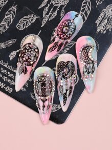 FULL BEAUTY 1 pieza Estampador de arte de uñas con diseño de esmalte de gel con patrón de plumas, para esmalte de uñas de secado lento, placas de estampación de uñas para salón de manicura - Plateado - Ver 2