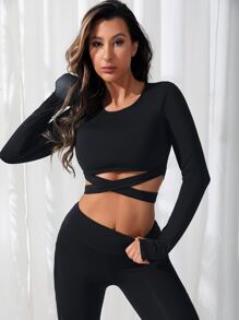 Yoga Sxy 素色交叉T恤和嵌入網紗緊身打底褲運動套裝 - 黑色 - 查看 5
