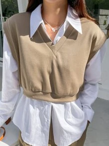 DAZY Cổ v Gân đan Áo ba lỗ Không có áo lót - Màu Khaki - Xem 1