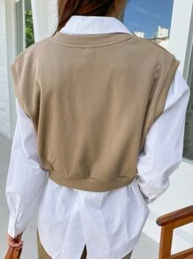 DAZY Cổ v Gân đan Áo ba lỗ Không có áo lót - Màu Khaki - Xem 2