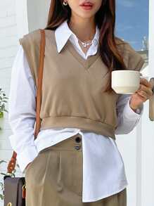 DAZY Cổ v Gân đan Áo ba lỗ Không có áo lót - Màu Khaki - Xem 5