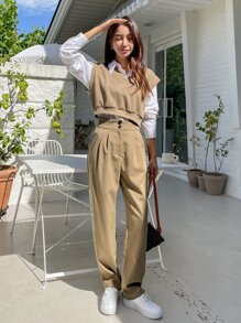 DAZY Cổ v Gân đan Áo ba lỗ Không có áo lót - Màu Khaki - Xem 4