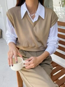 DAZY Cổ v Gân đan Áo ba lỗ Không có áo lót - Màu Khaki - Xem 7