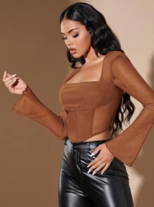 SHEIN BAE Áo thun nữ Bất đối xứng màu trơn Giải trí - Rỉ Nâu - Xem 3