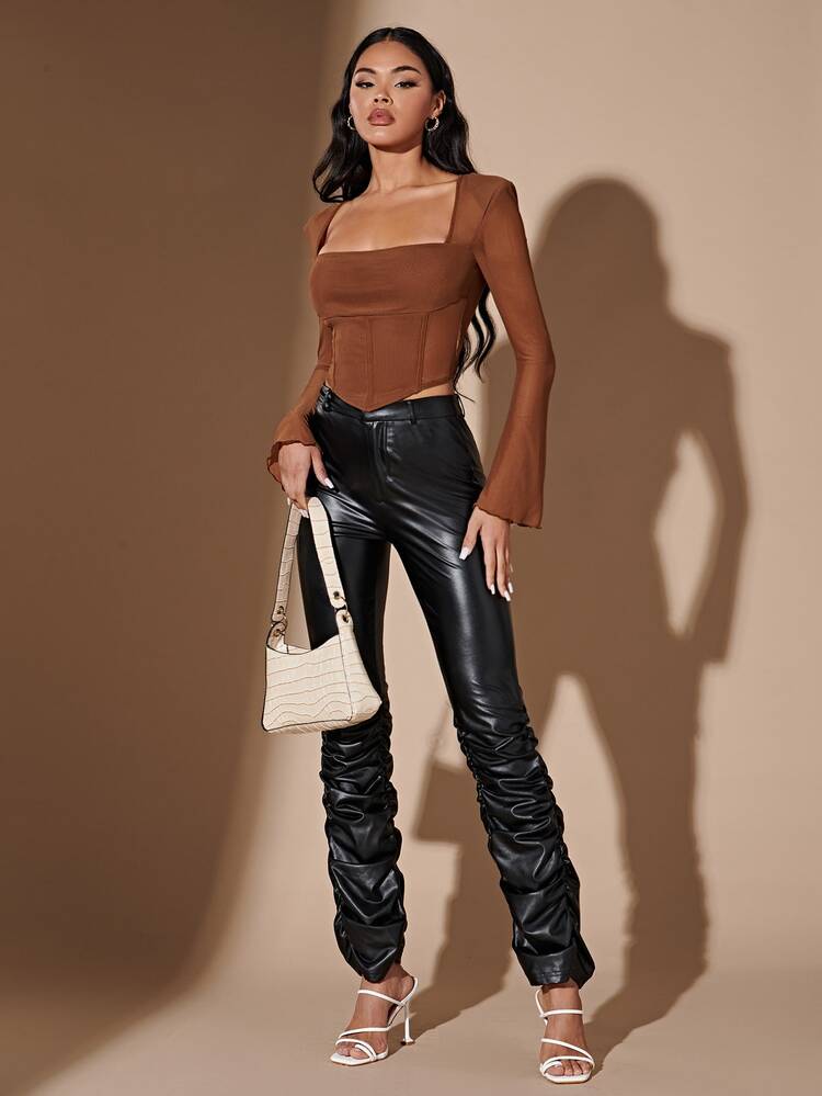 SHEIN BAE 方領鐘形袖手帕下擺T恤 - 鏽棕色 - 查看 4