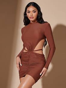SHEIN BAE Vestido ajustado de cintura con abertura fruncido - Óxido marrón - Ver 2