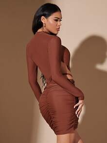 SHEIN BAE Vestido ajustado de cintura con abertura fruncido - Óxido marrón - Ver 3