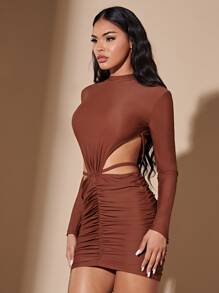 SHEIN BAE Vestido ajustado de cintura con abertura fruncido - Óxido marrón - Ver 1