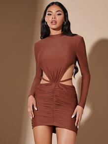 SHEIN BAE Vestido ajustado de cintura con abertura fruncido - Óxido marrón - Ver 4