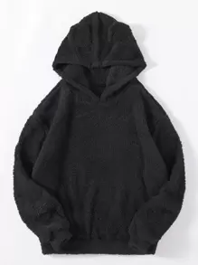 SHEIN Unity Drop Shoulder 3D Ear Teddy Hoodie,Long Sleeve Tops Graduation,Back To School Outfits,Graduation,Teacher Outfits For Women,Back To School Pullover Fall Outfit - Black - View 1