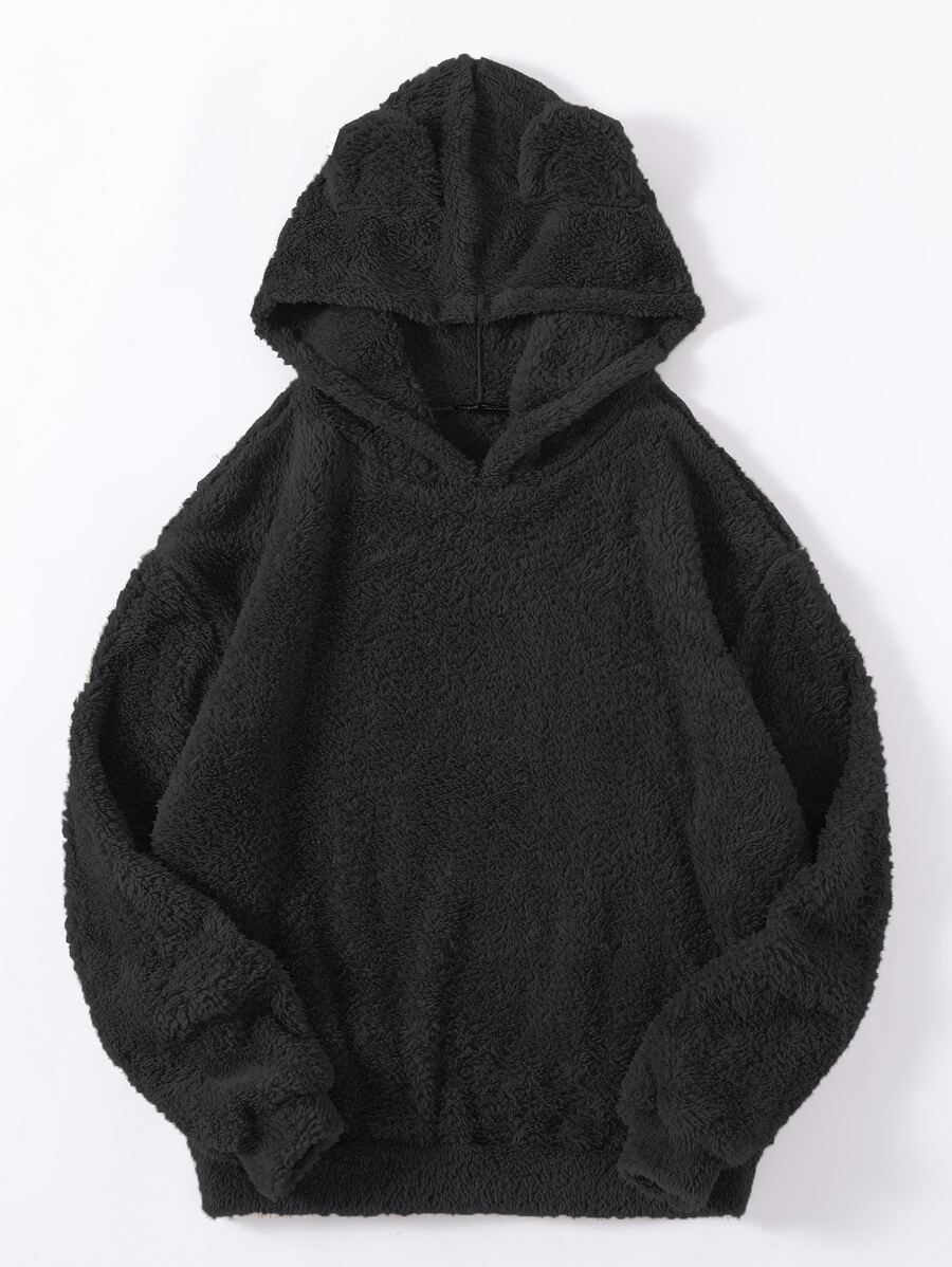 SHEIN Unity Drop Shoulder 3D Ear Teddy Hoodie,Long Sleeve Tops Graduation,Back To School Outfits,Graduation,Teacher Outfits For Women,Back To School Pullover Fall Outfit - Black - View 1
