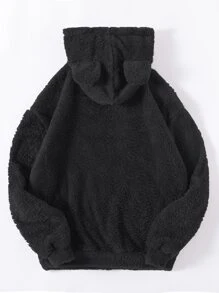 SHEIN Unity Drop Shoulder 3D Ear Teddy Hoodie,Long Sleeve Tops Graduation,Back To School Outfits,Graduation,Teacher Outfits For Women,Back To School Pullover Fall Outfit - Black - View 2