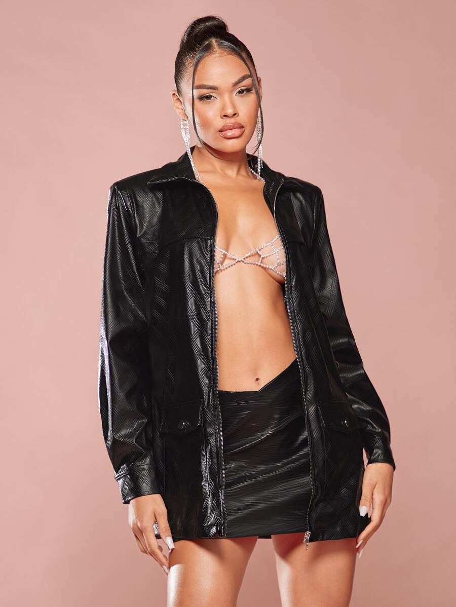 SHEIN BAE Flap Detail PU Leather Jacket - Black - View 1