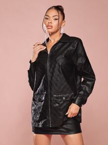 SHEIN BAE Flap Detail PU Leather Jacket - Black - View 4