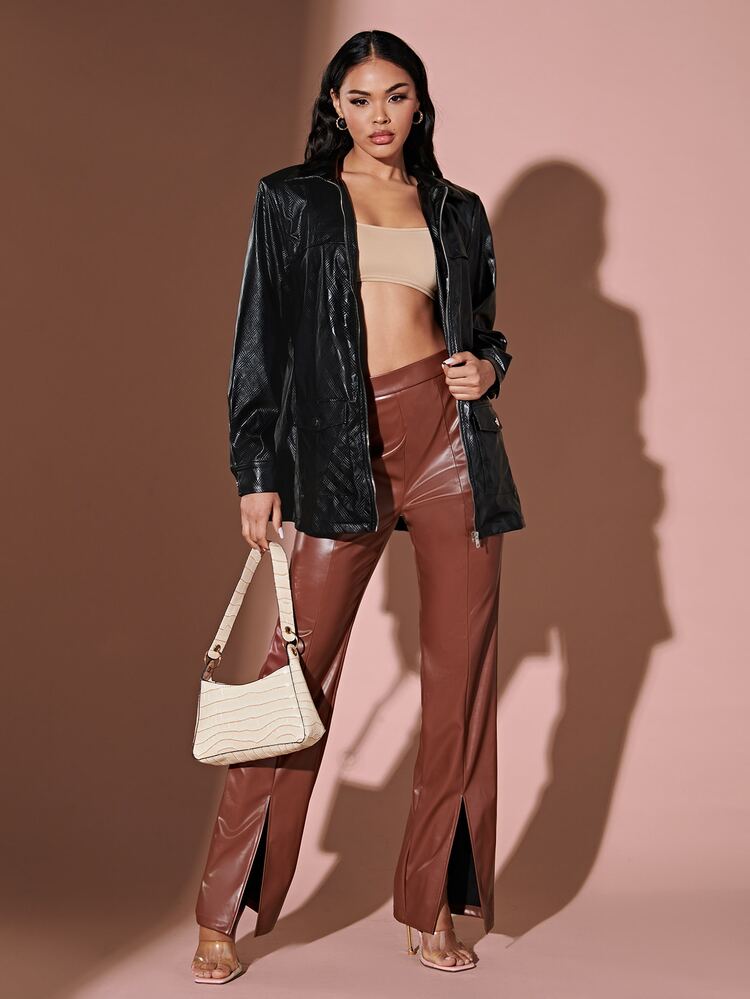 SHEIN BAE Flap Detail PU Leather Jacket - Black - View 5