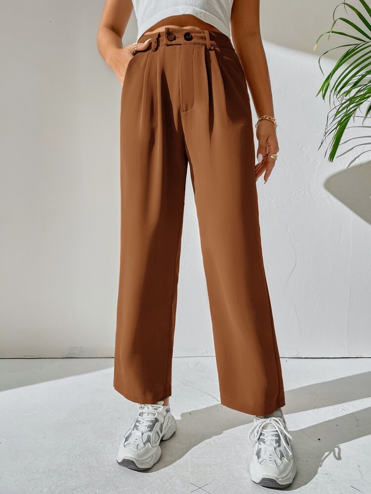 SHEIN PETITE High Waist Plicated Detail Trousers - Coffee Brown - View 3
