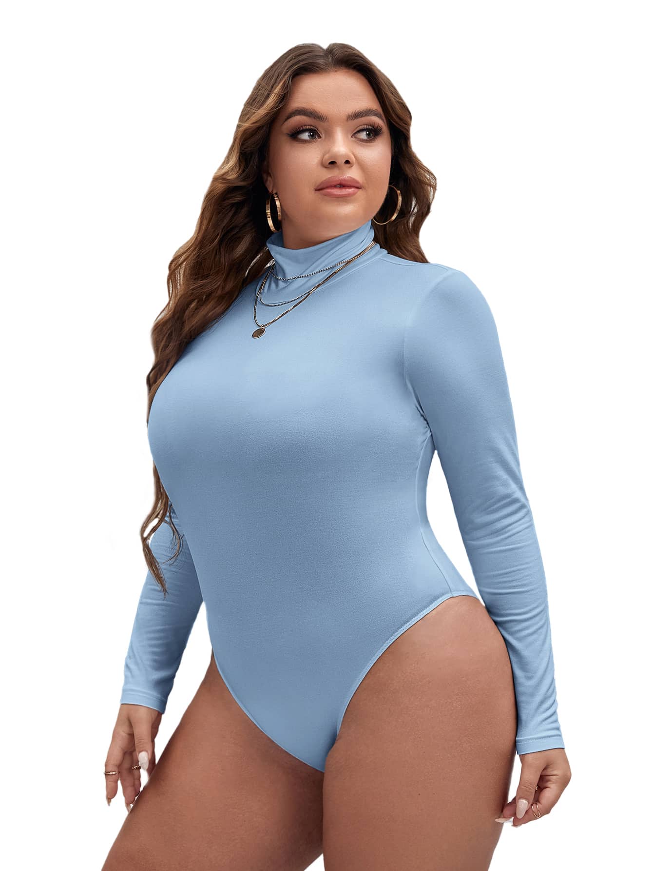 SHEIN Essnce 冬季高领修身 T 恤紧身衣 - 淺藍色 - 查看 3