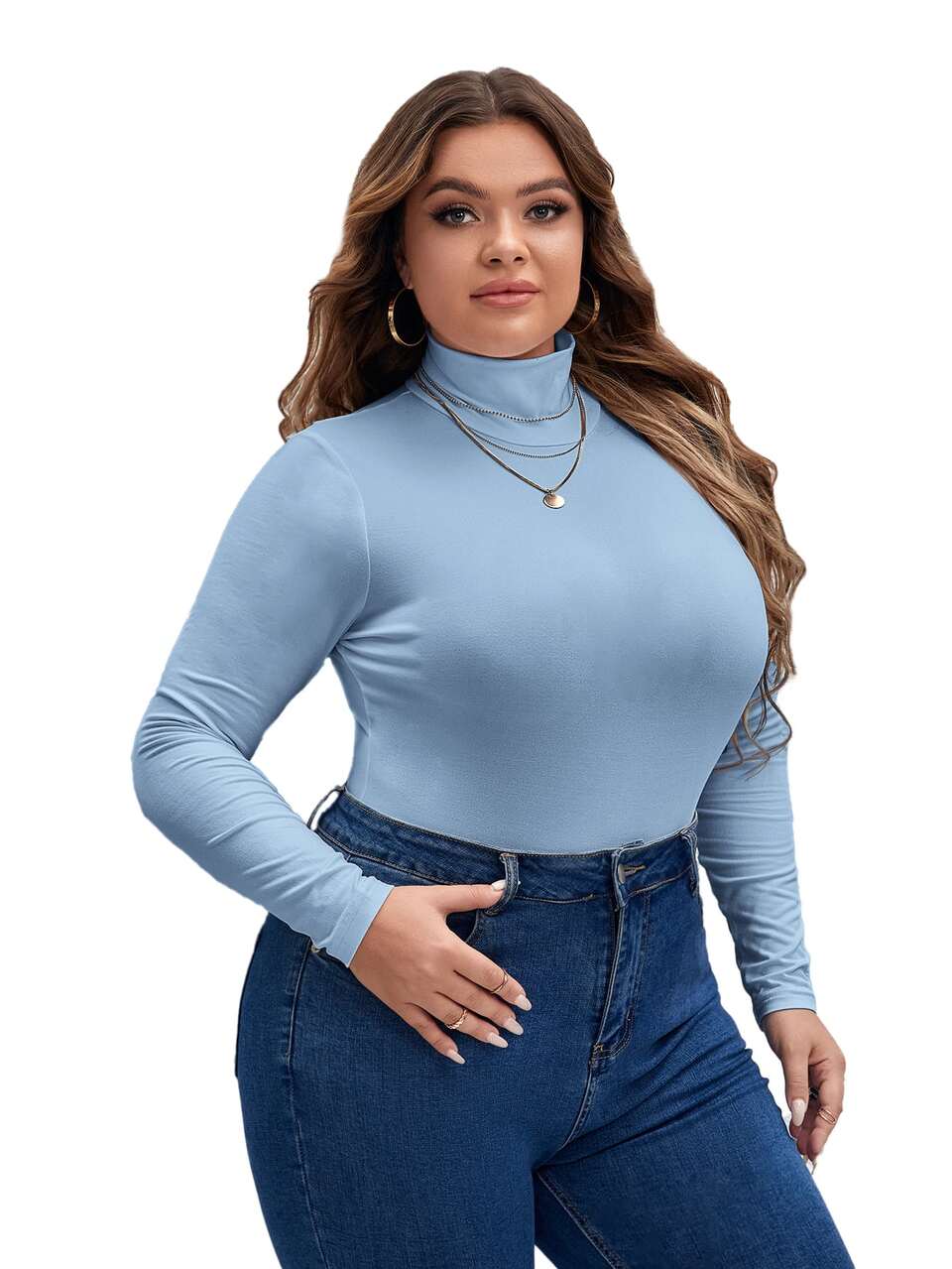 Plus High Neck Slim Fit Tee Bodysuit, For Spring To Summer