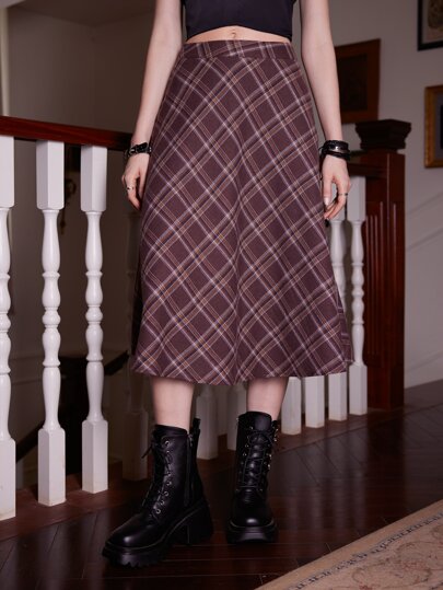 ROMWE Academia Plaid Flared Skirt