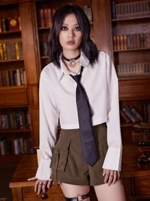 ROMWE Academia 素色前紐扣襯衫不附帶系帶 - 白色 - 查看 1