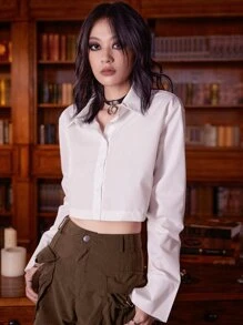 ROMWE Academia 素色前紐扣襯衫不附帶系帶 - 白色 - 查看 3