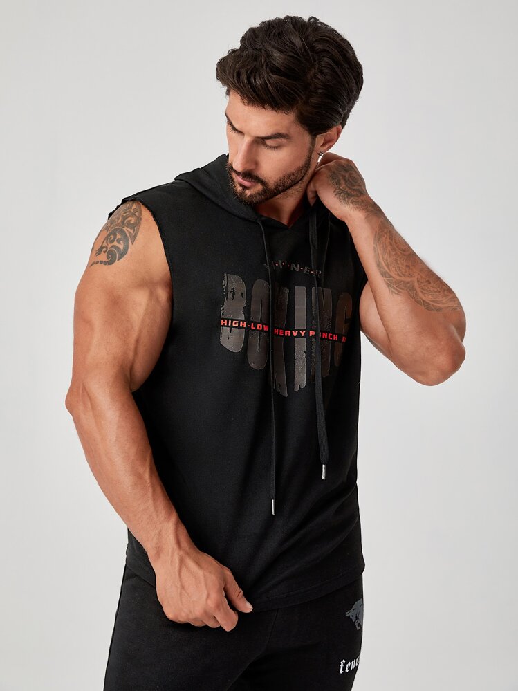 男士標語圖案抽繩連帽運動背心 - 黑色 - 查看 1