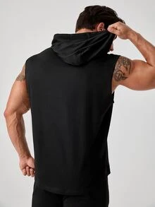 Men Slogan Graphic Drawstring Hooded Sports Tank Top - Black - View 3