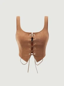 SHEIN MOD Lace Up Crop Tank Top - Khaki - View 2