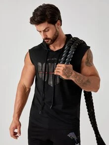 Men Slogan Graphic Drawstring Hooded Sports Tank Top - Black - View 4
