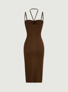 SHEIN ICON Ruched Bust Backless Split Thigh Dress - Coffee Brown - View 6