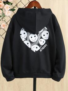 少女字母卡通图案落肩卫衣 - 黑色 - 查看 1