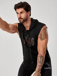 Men Slogan Graphic Drawstring Hooded Sports Tank Top - Black - View 5