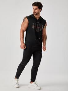 Men Slogan Graphic Drawstring Hooded Sports Tank Top - Black - View 6