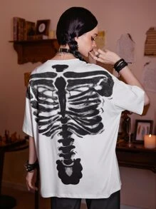 Grunge Punk Skeleton Graphic Drop Shoulder Tee - White - View 1