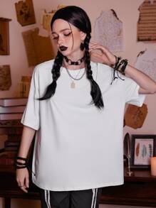 Grunge Punk Skeleton Graphic Drop Shoulder Tee - White - View 2