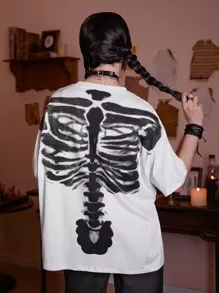 Grunge Punk Skeleton Graphic Drop Shoulder Tee - White - View 3