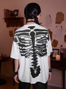 Grunge Punk Skeleton Graphic Drop Shoulder Tee - White - View 4