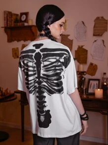 Grunge Punk Skeleton Graphic Drop Shoulder Tee - White - View 5