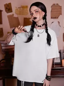 Grunge Punk Skeleton Graphic Drop Shoulder Tee - White - View 6