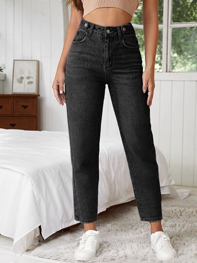 SHEIN Essnce Jeans de ajuste mom de talle alto rasguño de gato